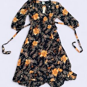 Blue Rain Black and Orange Floral Long Sleeve Dress
